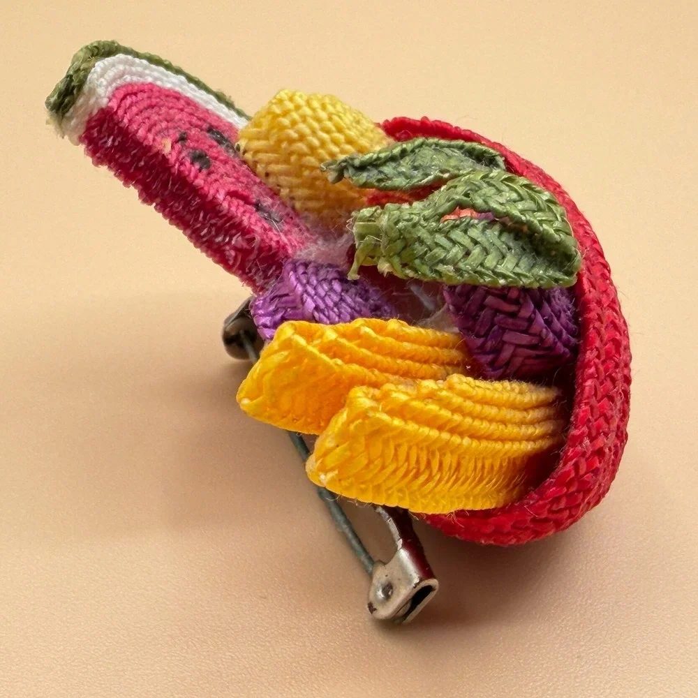 Woven Fruit Basket Brooch Watermelon Vintage Whimsical Boho Statement Pin Gift